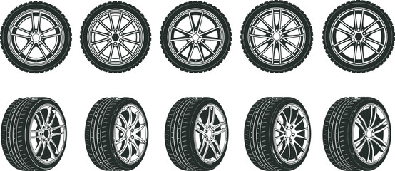 car wheels tire icon vector art set 2, collection of car wheels and tires in various designs and styles