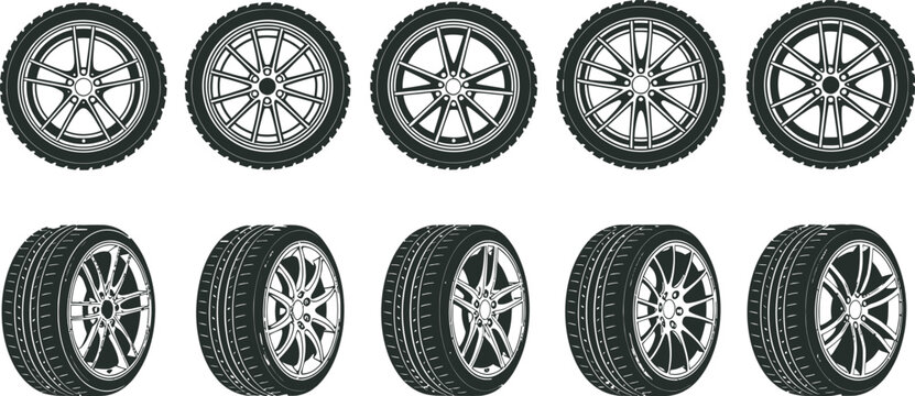 car wheels tire icon vector art set 2, collection of car wheels and tires in various designs and styles