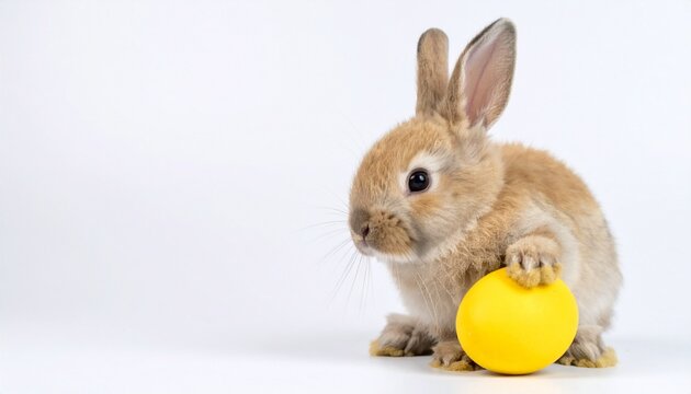 Rabbit holding yellow egg on white background