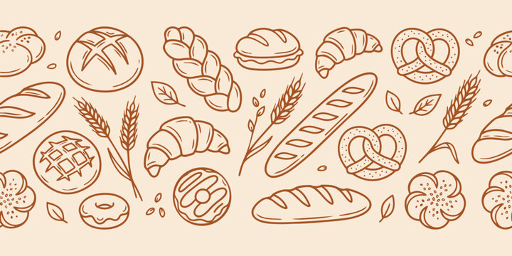 Bakery bread seamless pattern vector with hand drawn pastry croissant baguette and wheat background design