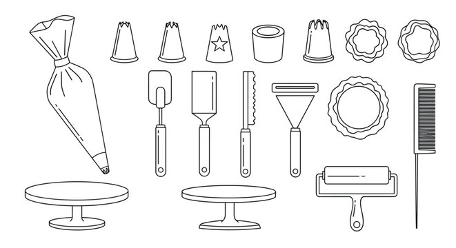 Collection of essential baking and cake decorating tools shown in a clean line art style, including piping bags, tips, spatulas, and turntables for confectionery work.