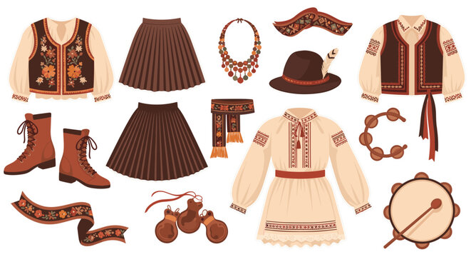 Colorful collection of traditional Slavic or Eastern European folk costume elements, featuring embroidered shirts, vests, pleated skirts, boots, hats, and musical instruments.