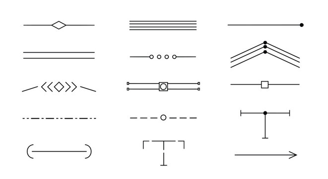 Minimalist collection of various text dividers and line separators features geometric shapes, dots, and simple calligraphic elements.