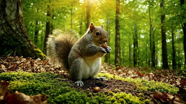 Wild grey squirrel eating an acorn on mossy ground in a sunlit woodland