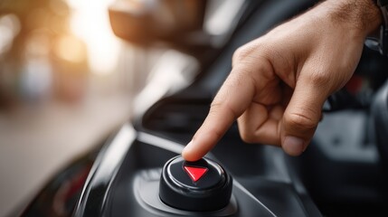 Hand pressing emergency button on car interior with focus on warning light and side mirror in late afternoon light