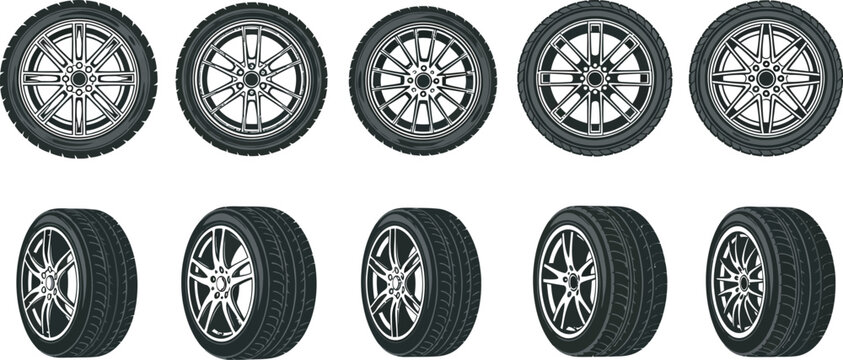 Car Wheels vector art set, Collection of car wheels and tires in different designs and angles