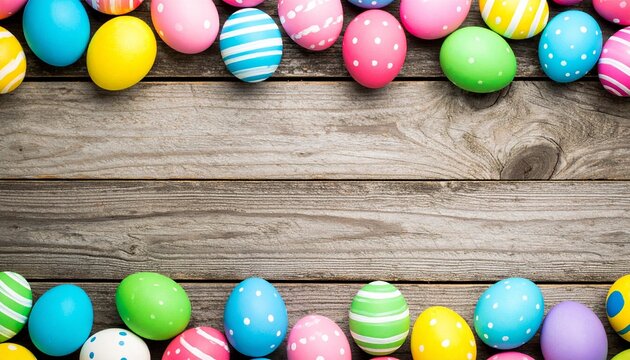 Colorful Easter eggs framing wooden surface
