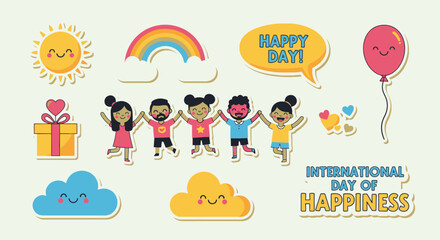 Obraz premium Diverse Happy Children Holding Hands Celebrating International Day of Happiness with Gifts and Rainbow in Bright Studio