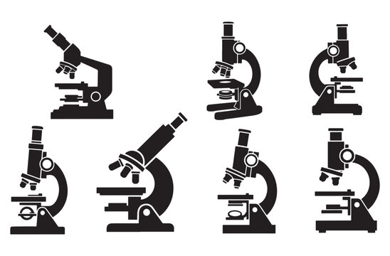 Diverse collection of black vector silhouette icons of microscopes, laboratory equipment, scientific research instruments, and optical devices on transparent background