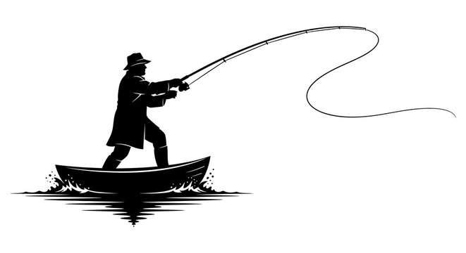 Silhouette of a fisherman in a boat casting a line into the water