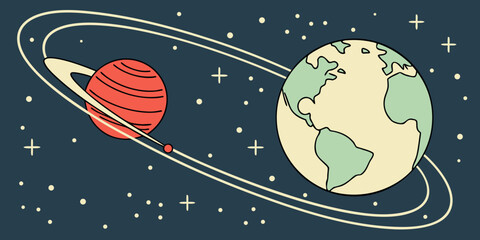 Earth orbits near a ringed planet in deep space illustrating astronomical concepts and planetary science.