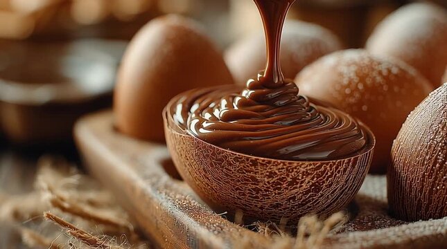 Pouring rich chocolate ganache into a textured chocolate easter egg shell