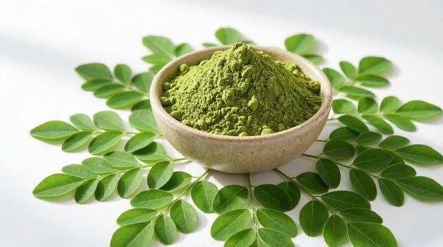 Moringa powder in bowl surrounded by fresh moringa leaves on white background