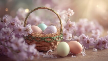 Pastel easter eggs in wicker basket surrounded by pink cherry blossoms on wooden surface pink flowers