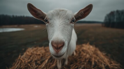 Obraz premium White domestic farm animal stands close to the camera over a mound of dried grass outdoors