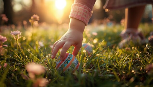 Child picking up colorful Easter egg in grass with pink flowers at sunset hand