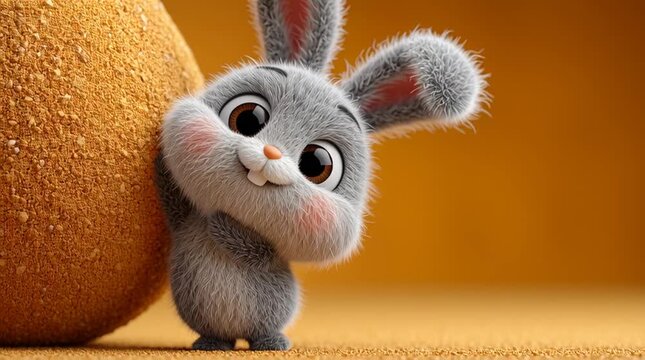 Cute fluffy gray cartoon bunny peeking from behind an orange textured object