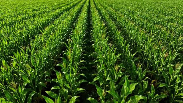 Aerial Drone View of Green Cornfield Rows, Cinematic Motion Footage 4K