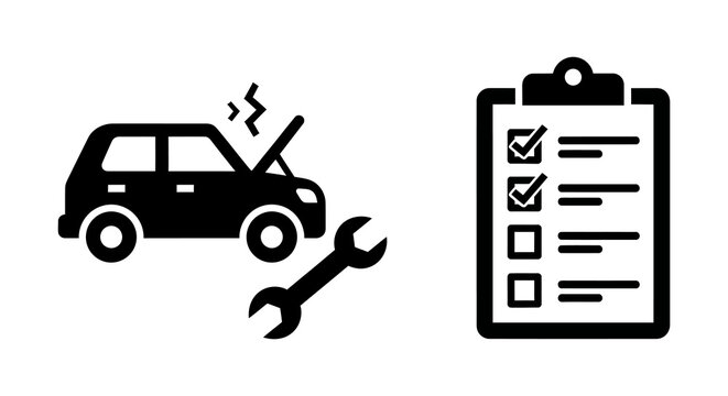 Car breakdown and vehicle inspection checklist in a black and white icon set
