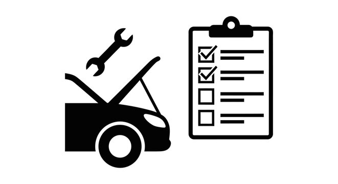 Car maintenance checklist icon showing wrench open hood and clipboard
