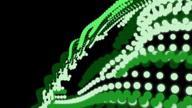 Abstract green pattern with dots and curved shapes on black background.