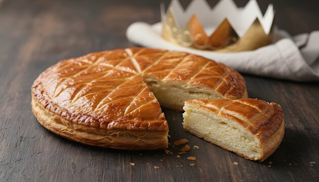 A delicious French galette des rois, or king's cake, with a slice portioned out and a crown, representing the Epiphany celebration concept on a rustic wooden table.