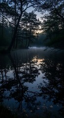 Misty Forest Lake at Dusk with Trees.
