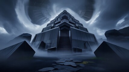 Ominous Sci-Fi Pyramid in Foggy Landscape | Ancient Alien Temple under Dark Skies