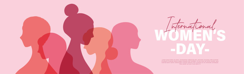 International Women's Day banner with a silhouette of women in various poses, illustrated in a minimalistic pink design with the message “International Women’s Day.” © LittleWhale