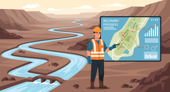 Engineer presenting river recovery project on digital screen.