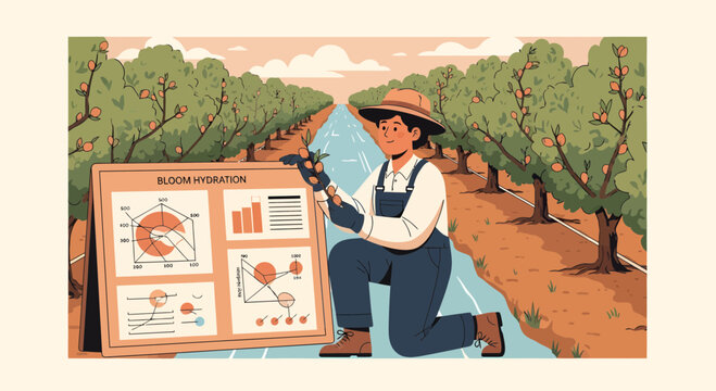 Farmer analyzing agricultural data on a display board in an orchard.