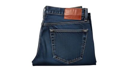 A pair of dark blue jeans with a leather label on the back waistband.