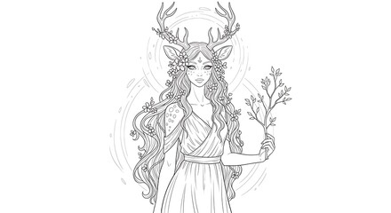 Mythical Goddess with Antlers and Flowers.