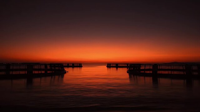 Dramatic Orange Sunset Over Calm Water with Silhouetted Docks and Horizon Glow