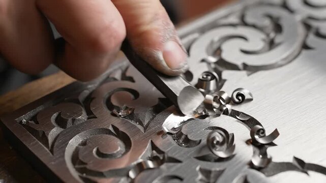 Artisan's hand precisely engraving intricate ornate patterns into a metal plate for detailed craftsmanship concept and traditional artistry