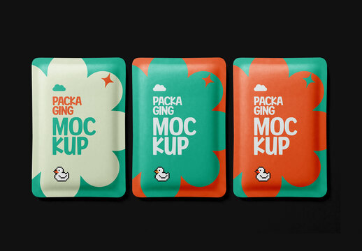 Three Sachet Packaging Color Variations Mockup with Editable Background