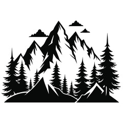 Obraz premium high mountains and evergreen trees silhouette line art vector illustration with a white background