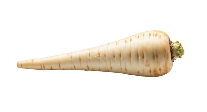 A single parsnip root with its characteristic conical shape and beige color.