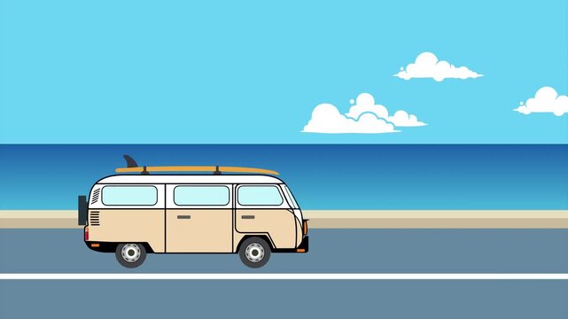 Seamless Loop VAN, Minibus traveling car Animation with surf roof rack, beach and blue sky background. Holiday, Transportation vector Looping animation. easy to use