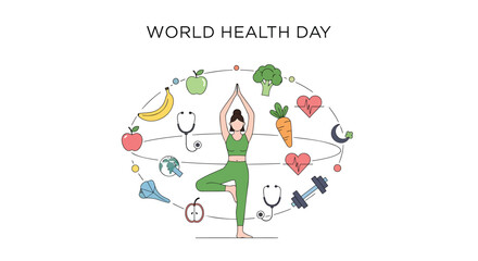 Naklejka premium World Health Day icon set, includes healthy food, medical, fitness symbols, created in flat line style with colorful palette