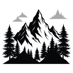 Obraz premium high mountains and evergreen trees silhouette line art vector illustration with a white background
