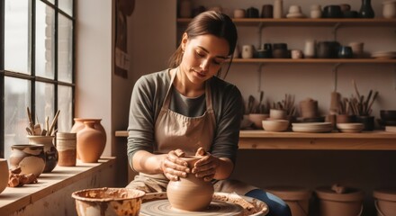 Woman making pottery on wheel. Female potter crafting clay pot. Creative activity and traditional handmade art concept.