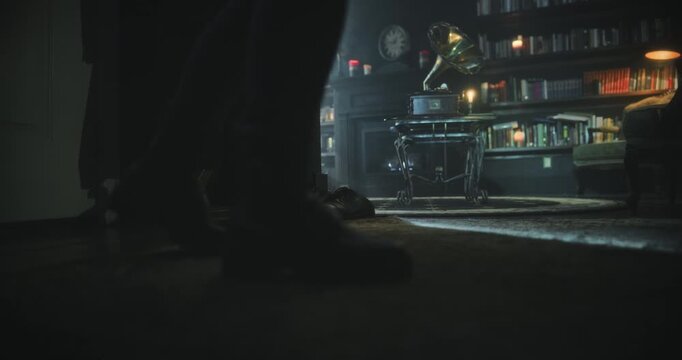 Low, silhouette of woman stepping through dark house with view of fireplace and gramophone - tracking shot