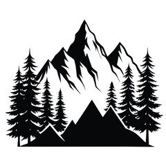 Obraz premium high mountains and evergreen trees silhouette line art vector illustration with a white background