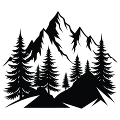 Obraz premium high mountains and evergreen trees silhouette line art vector illustration with a white background