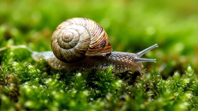 Snail crawling on green moss with shell details visible