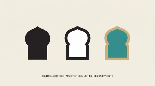 Three stylized arches labeled cultural heritage, architectural motifs, design diversity, ornate shapes with Islamic, Gothic, multifoil styles, modern aesthetic.