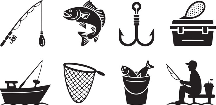 Collection of black silhouette icons depicting fishing rods, fish, hooks, boats, nets, and anglers on a pier