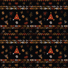 African Ethnic Seamless Pattern, Hand Drawn Tribal Vector Background with Geometric Ornaments and Boho Elements for Textile and Wallpaper