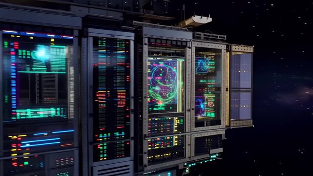 Futuristic satellite with advanced data server racks and colorful holographic user interfaces orbiting a distant alien planet in outer space illuminated by a star